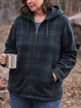 L.L. Bean Hooded Flannel Jacket Size Large Relaxed Fit Plaid Full Zip Hoodie